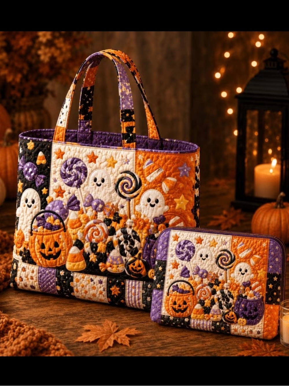 Quilted Halloween Tote & Cosmetic Bag in Halloween Colors | Orange & Purple